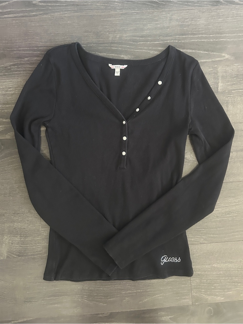 GUESS Black Ribbed V-Neck Rhinestone Long Sleeve Top Size Small